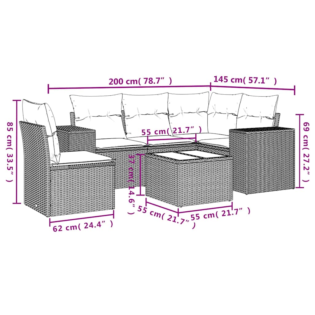 Set Divano da Giardino 6 pz con Cuscini Nero in Polyrattan