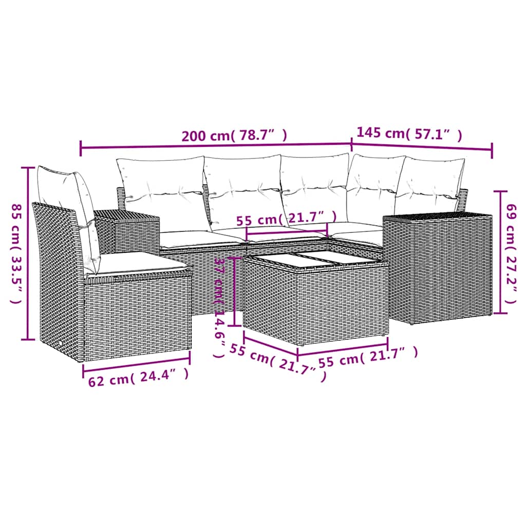Set Divani da Giardino 6 pz con Cuscini Nero in Polyrattan
