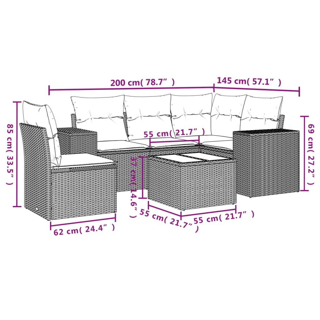 Set Divano da Giardino 6 pz con Cuscini Grigio in Polyrattan