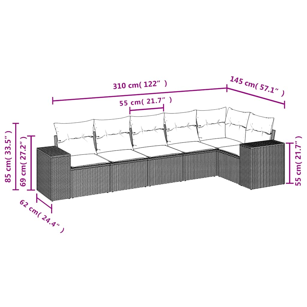 Set Divano da Giardino 6 pz con Cuscini Nero in Polyrattan