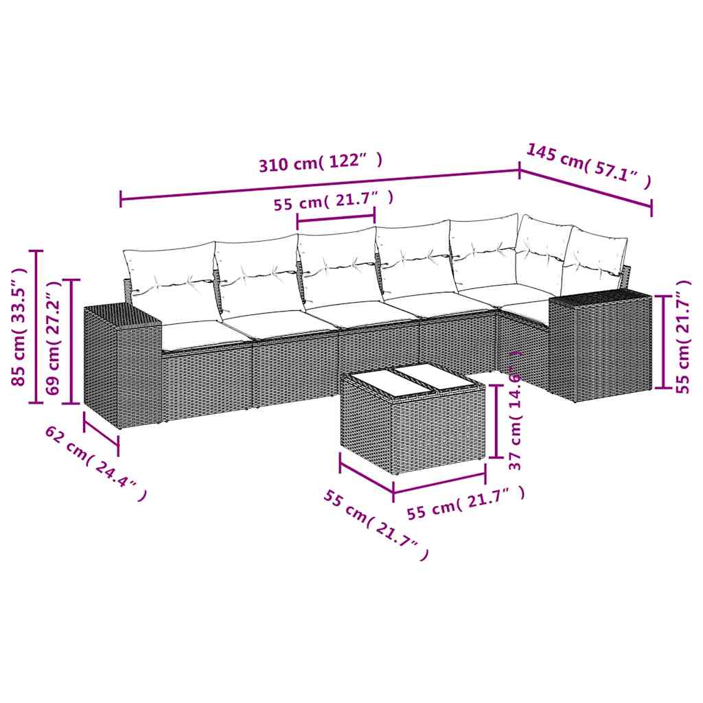 Salotto da Giardino 7 Pezzi Marrone in Polyrattan con Cuscini