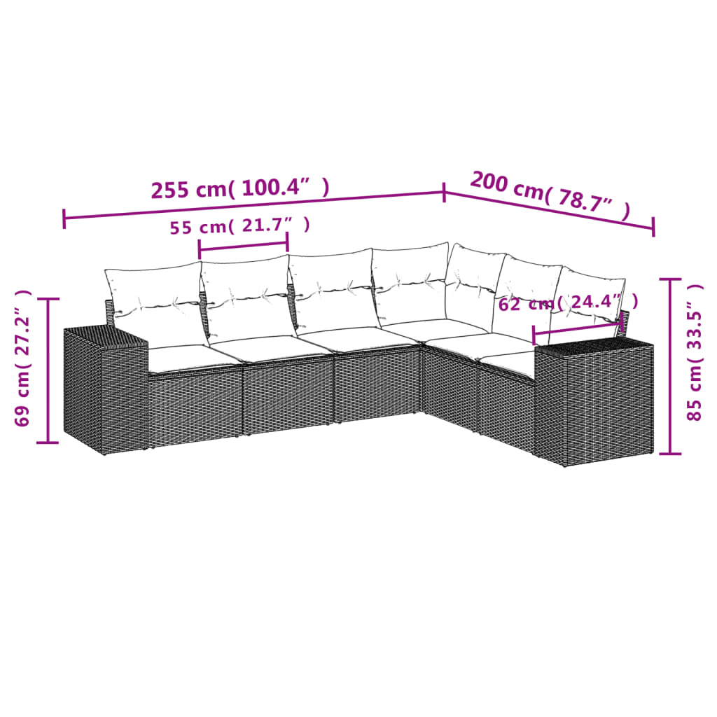 Set Divano da Esterno 6 pz in Polyrattan Beige con Cuscini