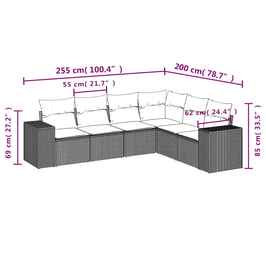 Salotto da giardino 6 pz in polyrattan grigio chiaro con cuscini 2