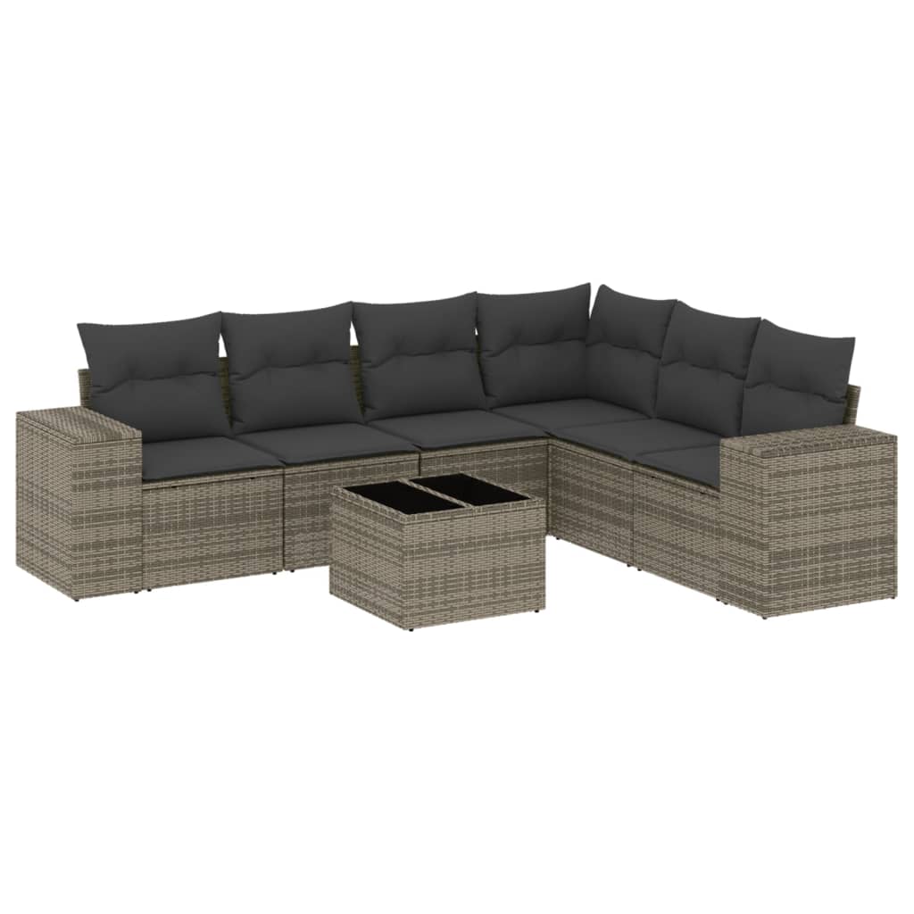 Salotto da giardino 7 pz grigio in rattan PE con tavolo in vetro