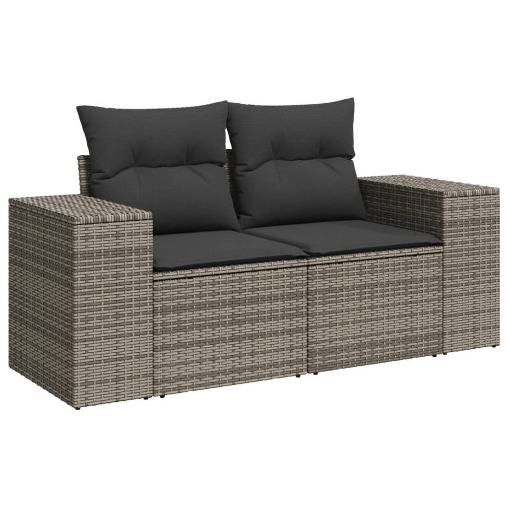 Salotto da giardino 7 pz grigio in rattan PE con tavolo in vetro