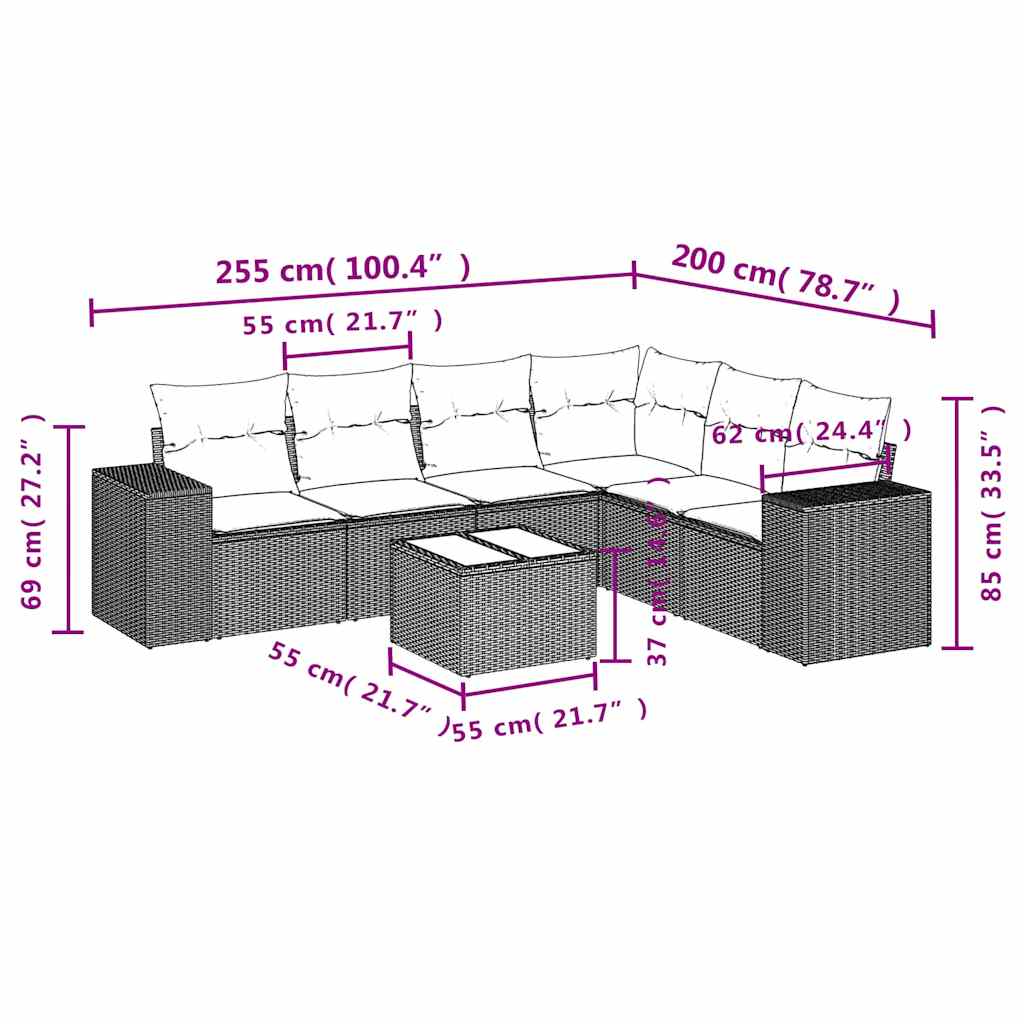 Salotto da Giardino 7 pz in Rattan PE Grigio Chiaro con Tavolo