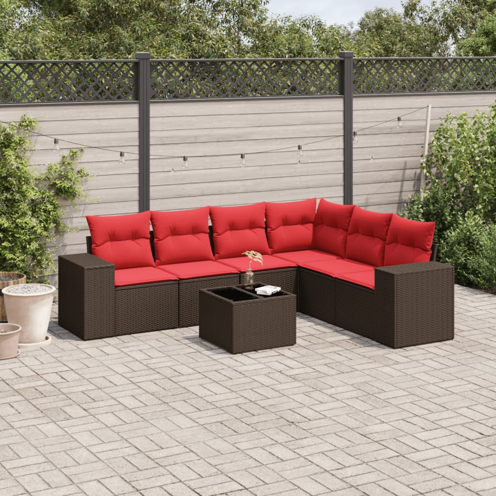 Salotto da giardino 7 pz in rattan PE con cuscini rossi