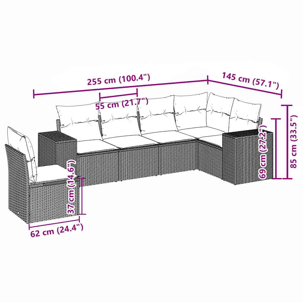 Salotto da giardino 6 pz in rattan PE con cuscini grigi