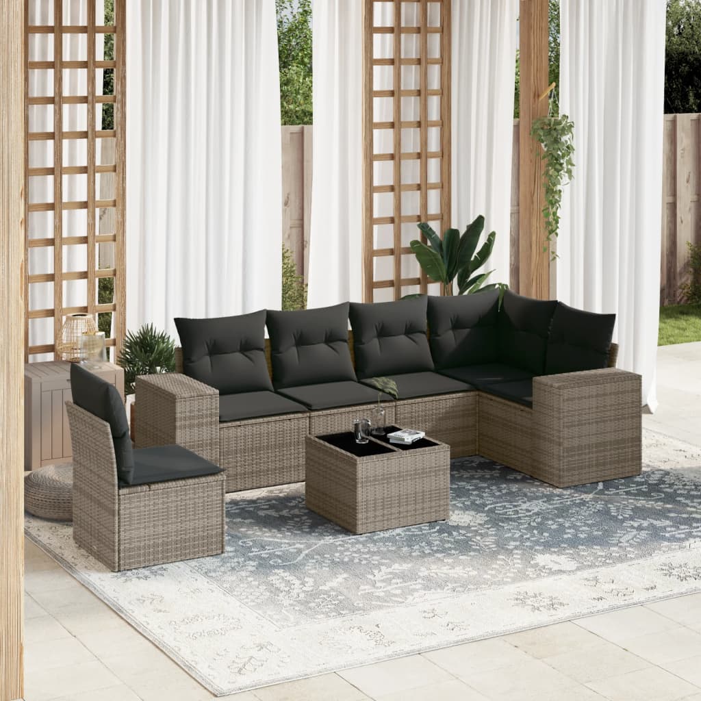 Salotto da giardino 7 pz in polyrattan PE grigio con cuscini sfoderabili