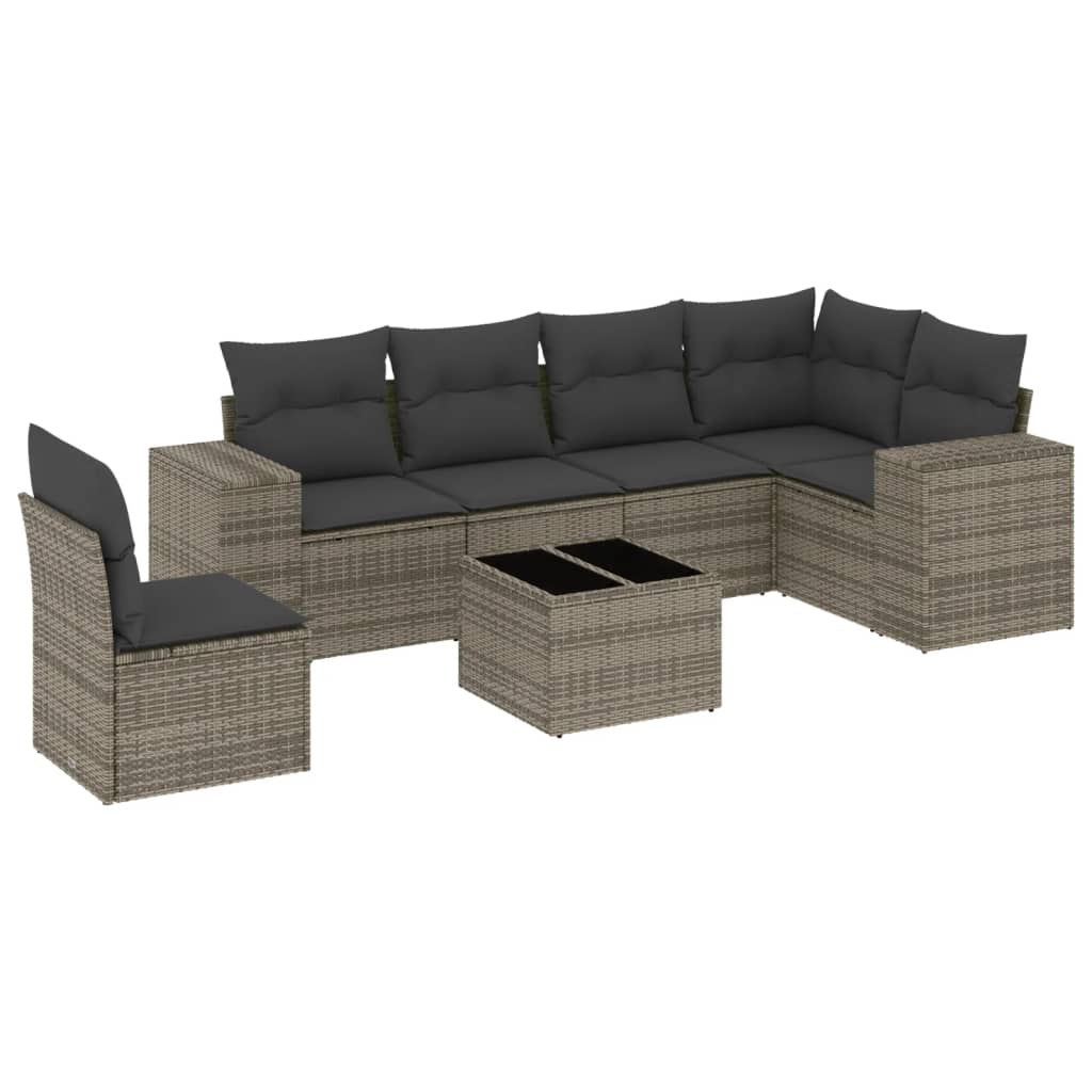 Salotto da giardino 7 pz in polyrattan PE grigio con cuscini sfoderabili