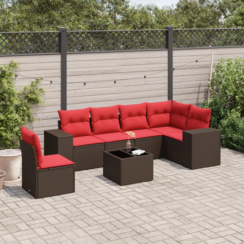 Set Divani da Giardino 7 pz con Cuscini Marrone in Polyrattan