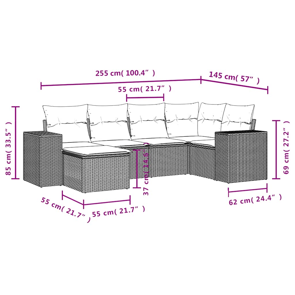 Set Divano da Giardino 6 pz con Cuscini Nero in Polyrattan