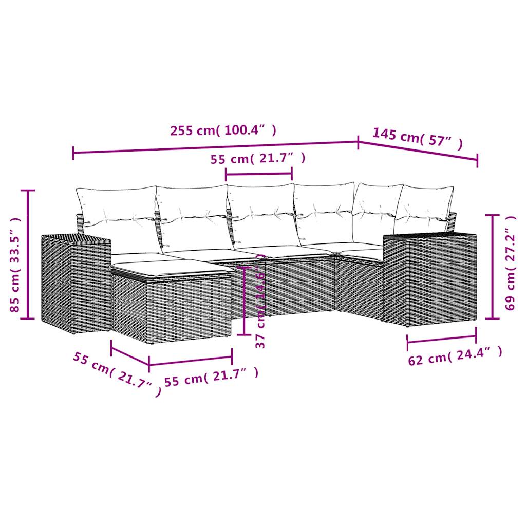 Set Divano da Giardino 6 pz con Cuscini Nero in Polyrattan