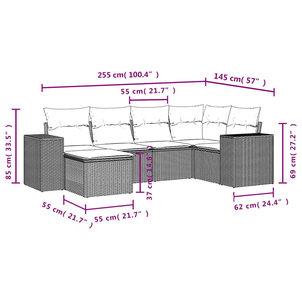 Set Divani da Giardino 6 pz con Cuscini Nero in Polyrattan