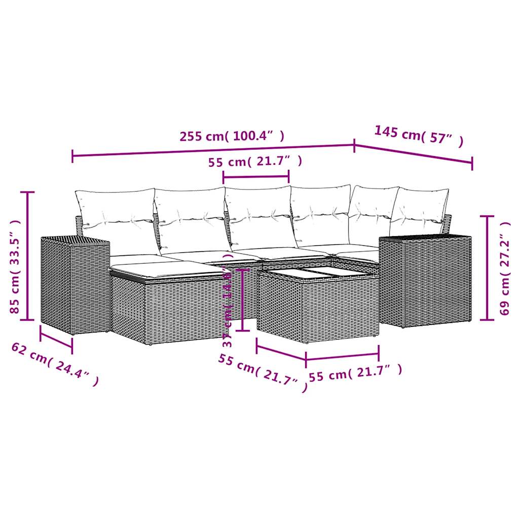Set Divani da Giardino 7 pz con Cuscini Grigio in Polyrattan