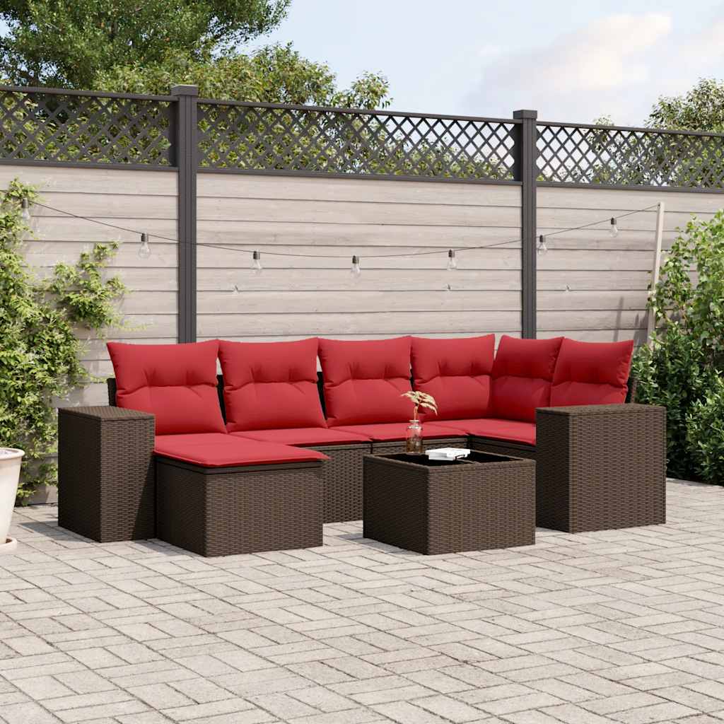 Set Divani da Giardino 7 pz con Cuscini Marrone in Polyrattan