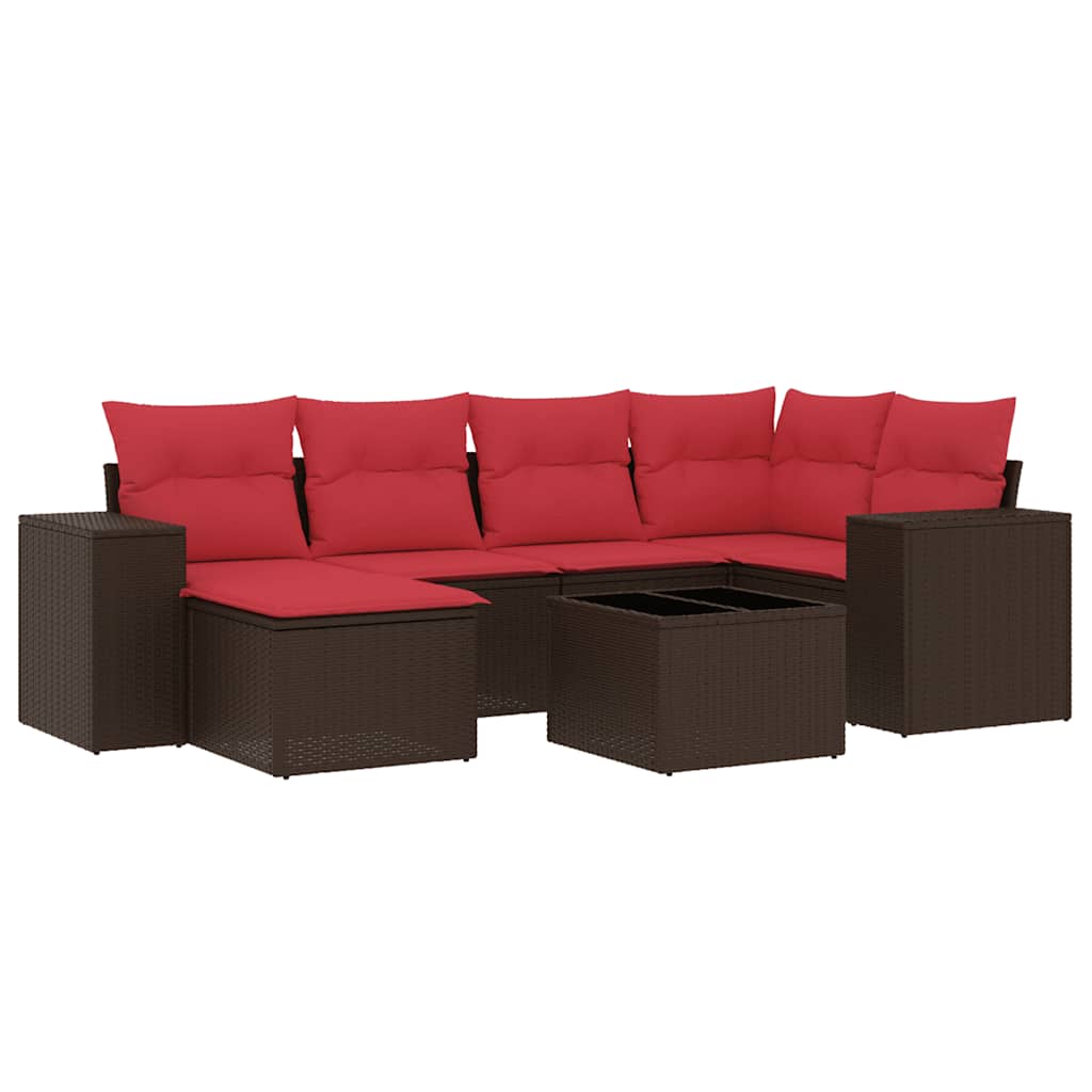 Set Divani da Giardino 7 pz con Cuscini Marrone in Polyrattan