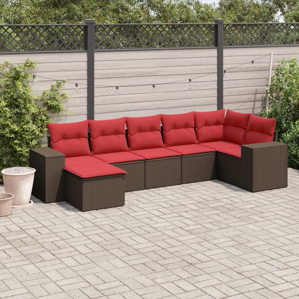 Set Divani da Giardino 7 pz con Cuscini Marrone in Polyrattan
