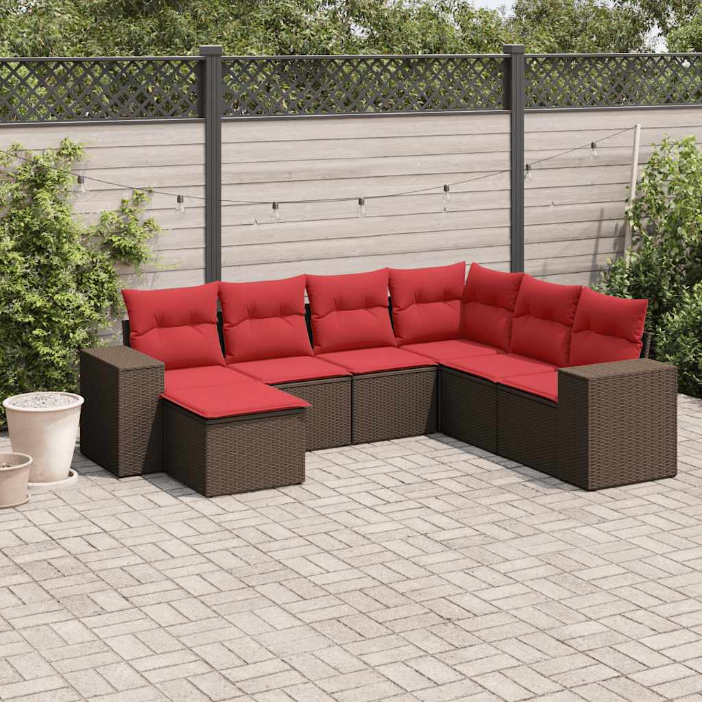 Set Divani da Giardino 7 pz con Cuscini Marrone in Polyrattan