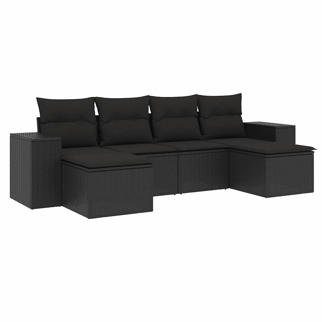 Set Divano da Giardino 6 pz con Cuscini Nero in Polyrattan