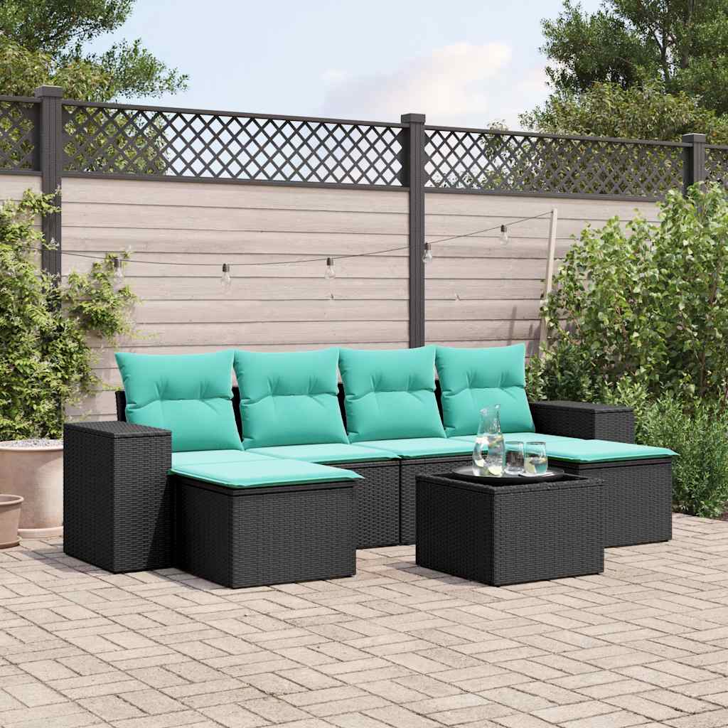 Set Divani da Giardino 7 pz con Cuscini Nero in Polyrattan