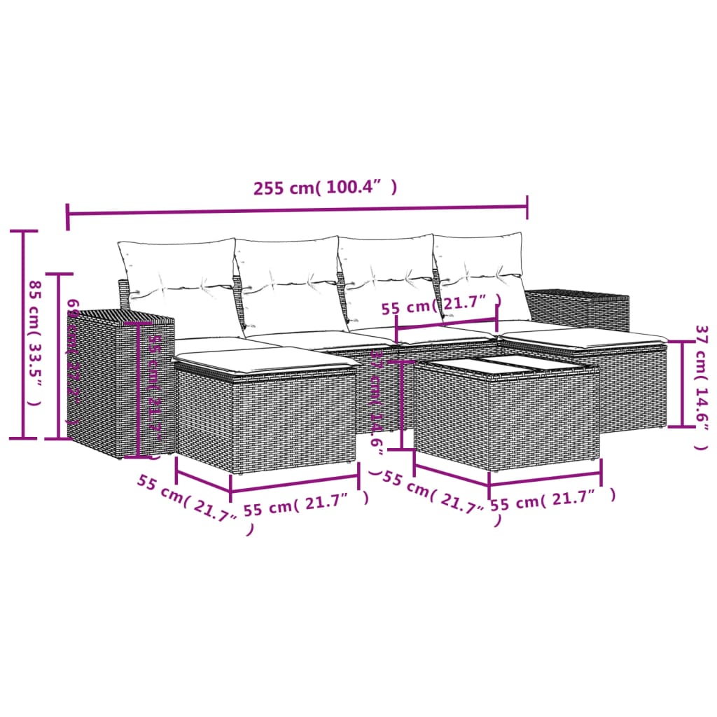 Set Divani da Giardino 7 pz con Cuscini Nero in Polyrattan
