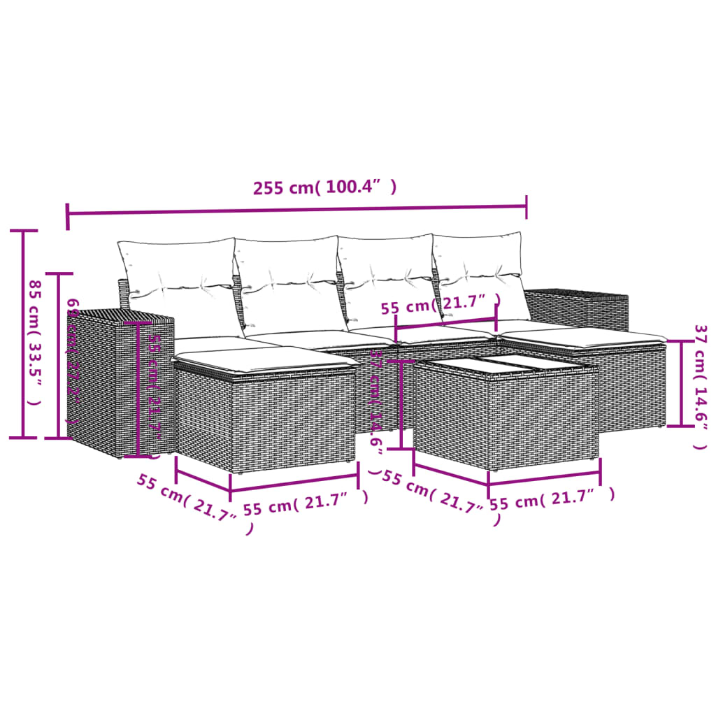Set Divani da Giardino 7 pz con Cuscini Beige in Polyrattan