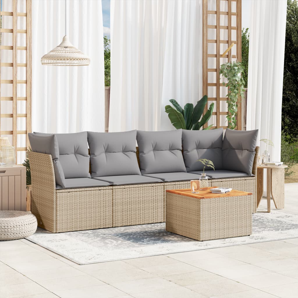 Set Divano da Giardino 5 pz con Cuscini Beige in Polyrattan