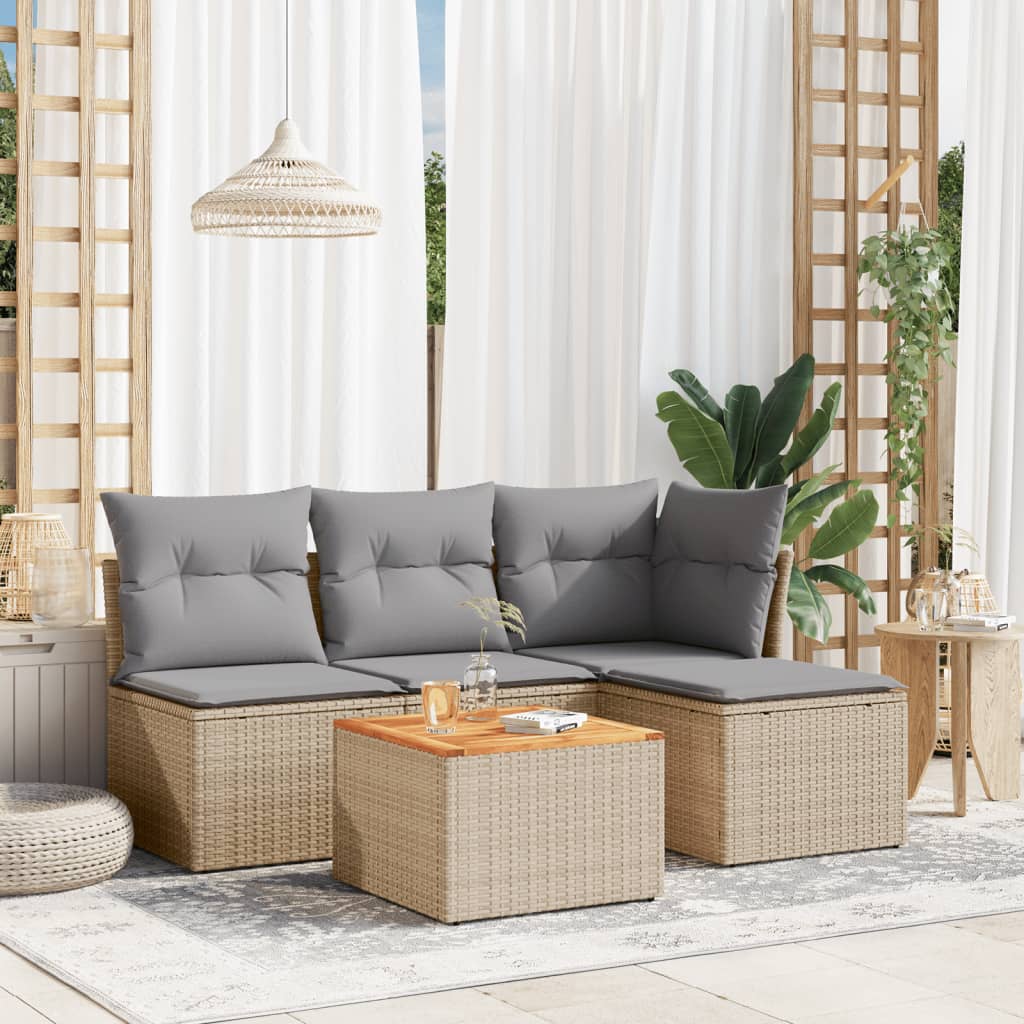 Set divano da giardino beige 5 pz in polyrattan con cuscini