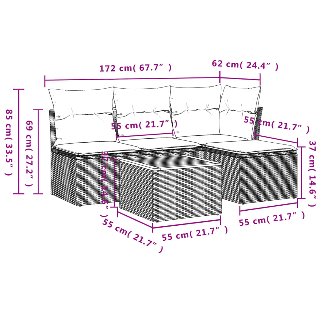 Set divano da giardino beige 5 pz in polyrattan con cuscini