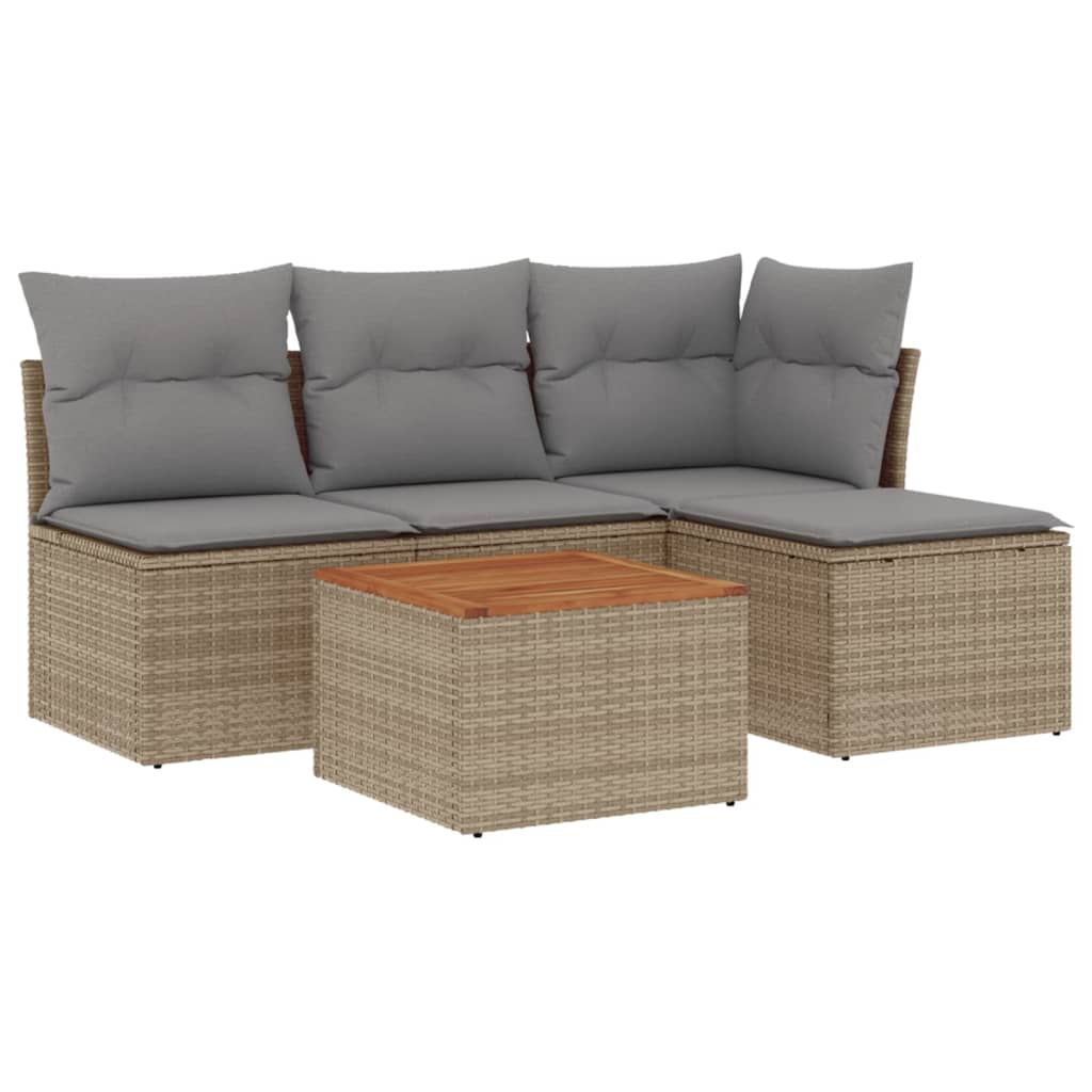 Set divano da giardino beige 5 pz in polyrattan con cuscini