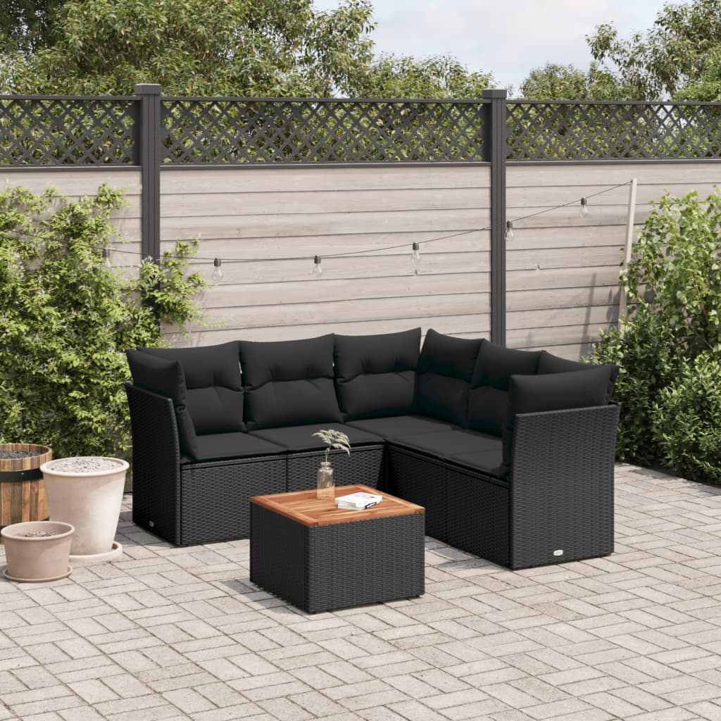 Salotto da giardino 6 pz in rattan PE nero con cuscini sfoderabili