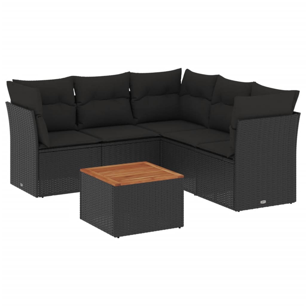Salotto da giardino 6 pz in rattan PE nero con cuscini sfoderabili