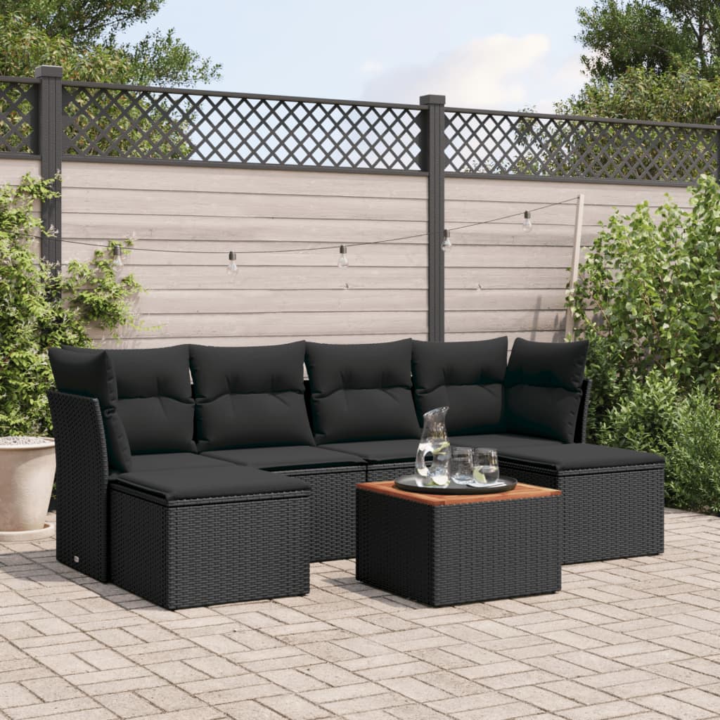 Salotto da giardino 7 pz in polyrattan nero con cuscini sfoderabili