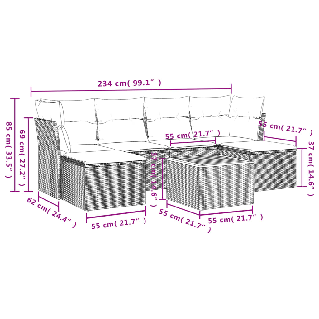 Salotto da giardino 7 pz in polyrattan nero con cuscini sfoderabili