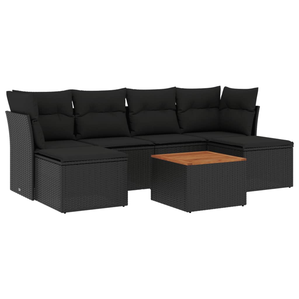 Salotto da giardino 7 pz in polyrattan nero con cuscini sfoderabili
