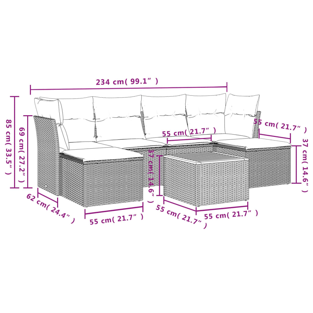 Set Divani da Giardino 7 pz con Cuscini Grigi in Rattan PE