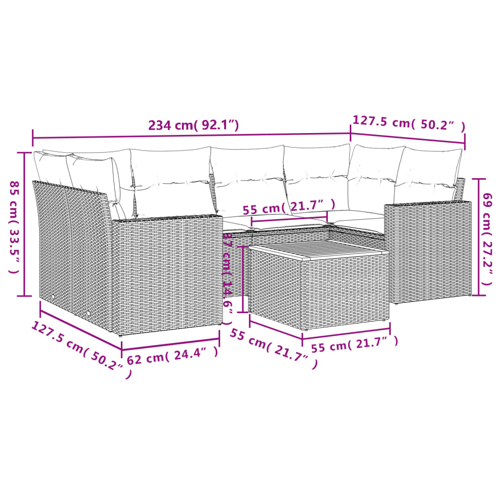 Set Divani da Giardino 7 pz con Cuscini Grigio in Polyrattan
