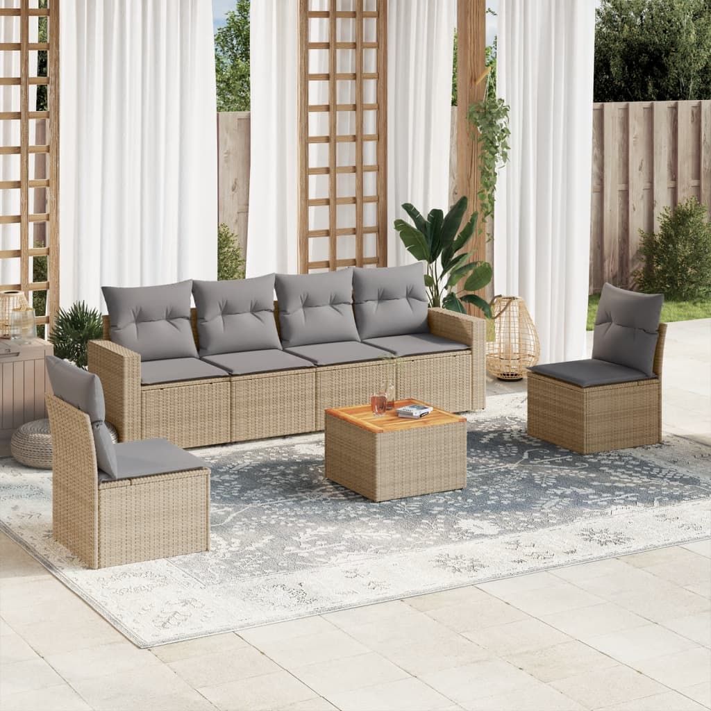 Set Divani da Giardino 7 pz con Cuscini Beige in Polyrattan