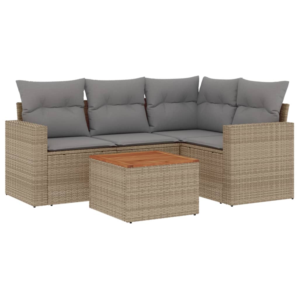 Set Divano da Giardino 5 pz con Cuscini Beige in Polyrattan