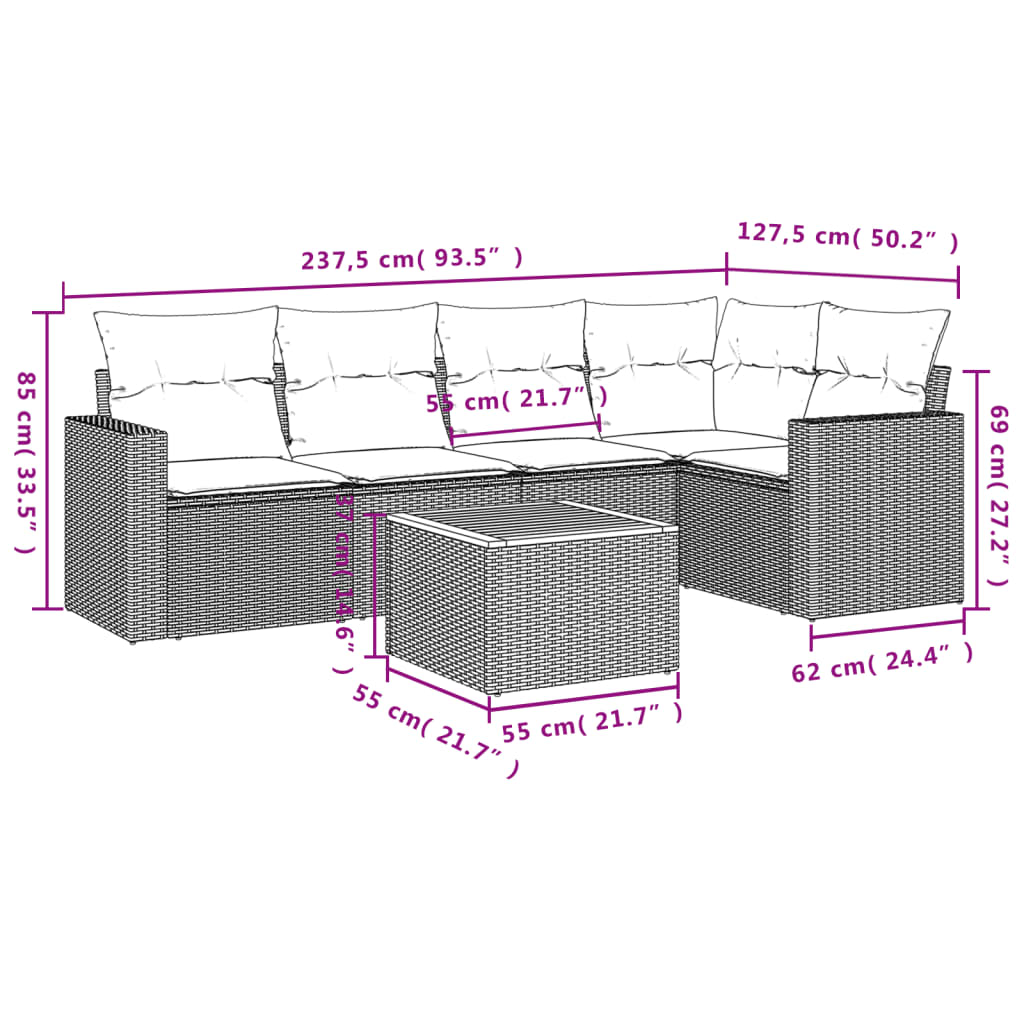 Set Divano da Giardino 6 pz con Cuscini Grigio in Polyrattan