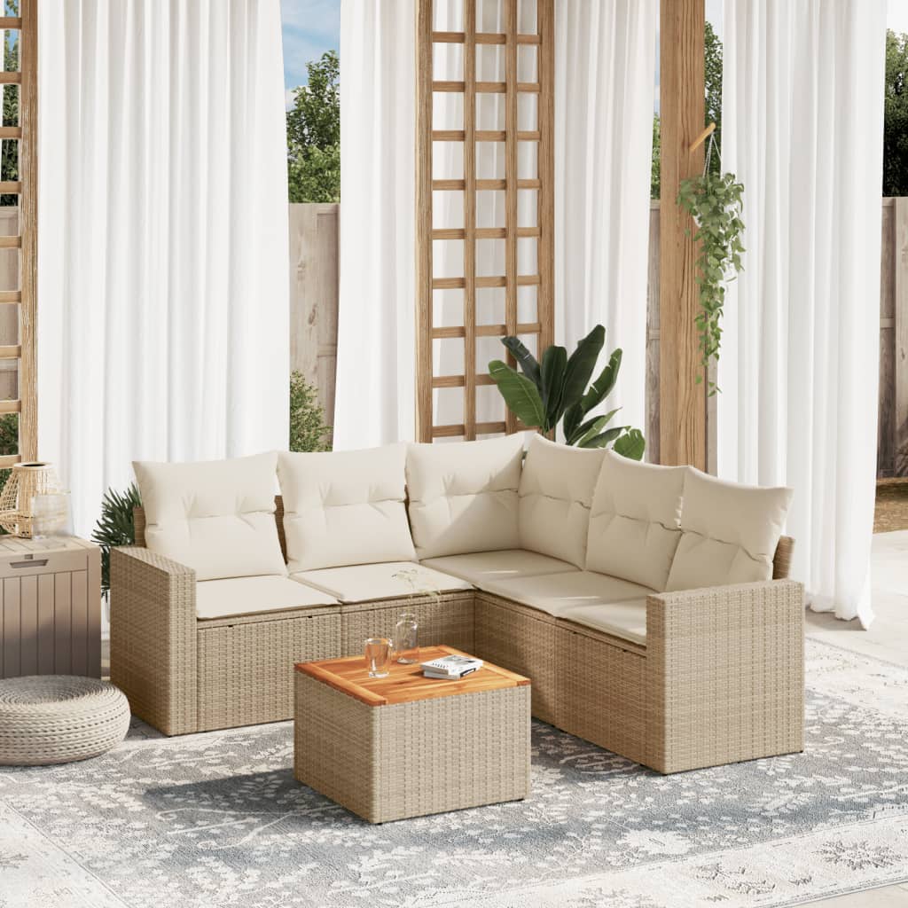 Set Divano da Giardino 6 pz con Cuscini Beige in Polyrattan