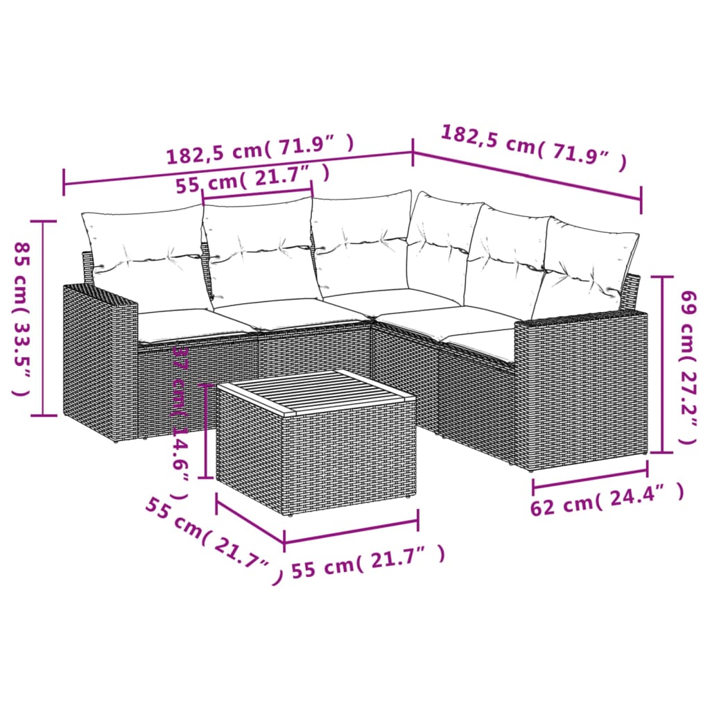 Set Divano da Giardino 6 pz con Cuscini Beige in Polyrattan
