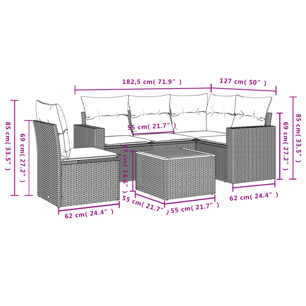 Set Divano da Giardino 6 pz con Cuscini Beige in Polyrattan
