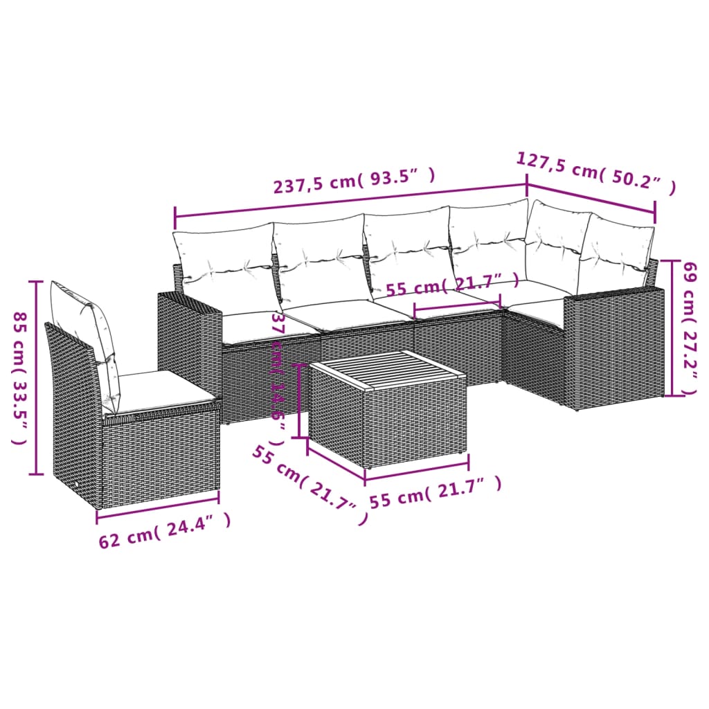Set Divani da Giardino 7 pz con Cuscini Grigio in Polyrattan