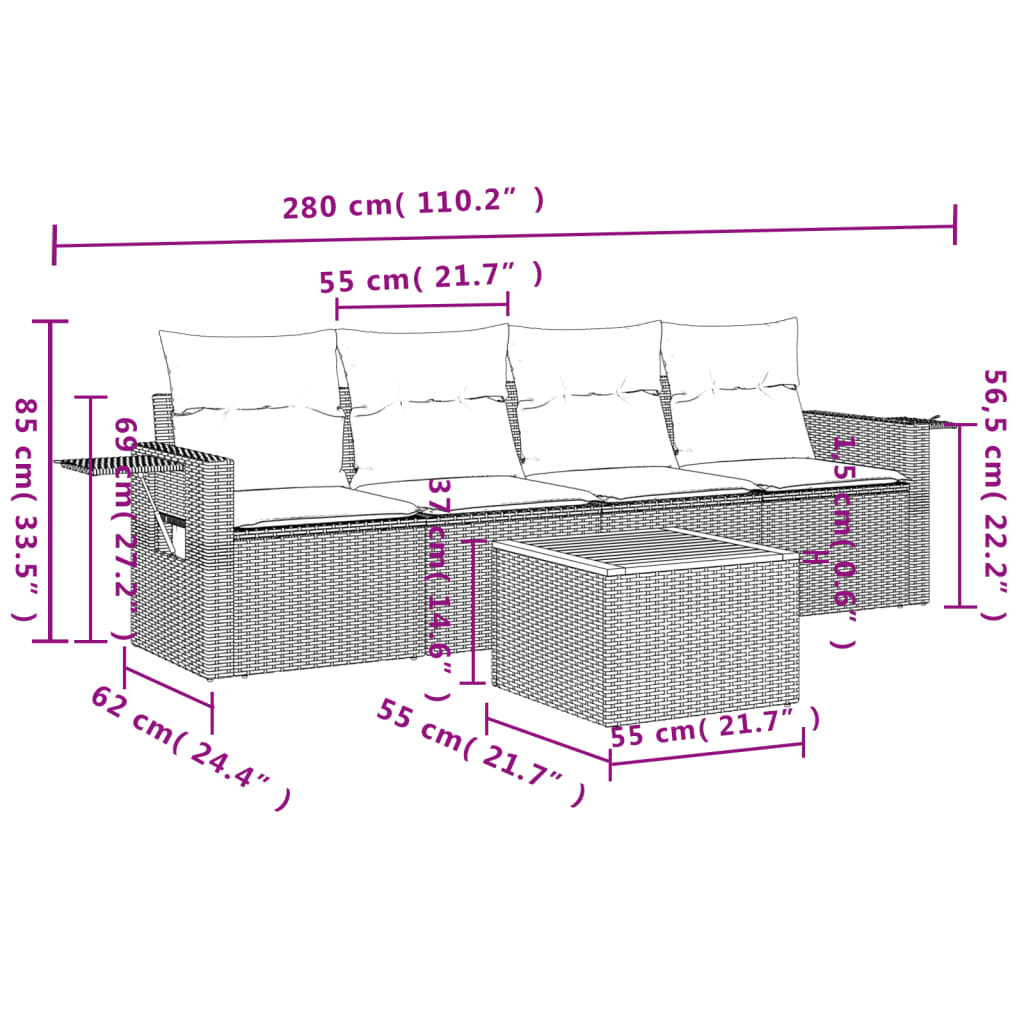 Set Divano da Giardino 5 pz con Cuscini Beige in Polyrattan