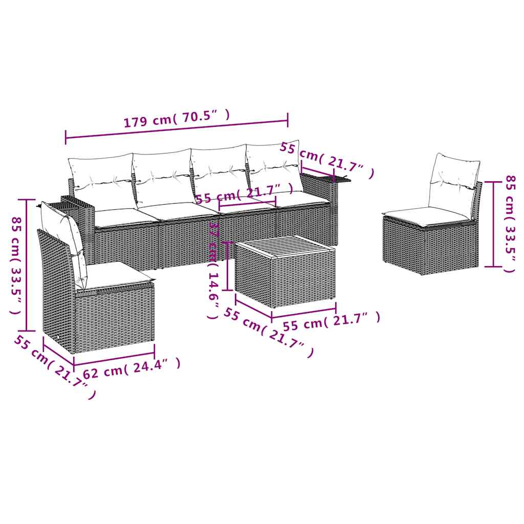 Set Divani da Giardino 7 pz con Cuscini Grigio in Polyrattan