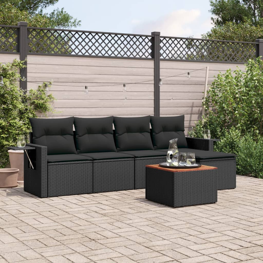 Salotto da giardino nero 6 pezzi in rattan PE, cuscini inclusi