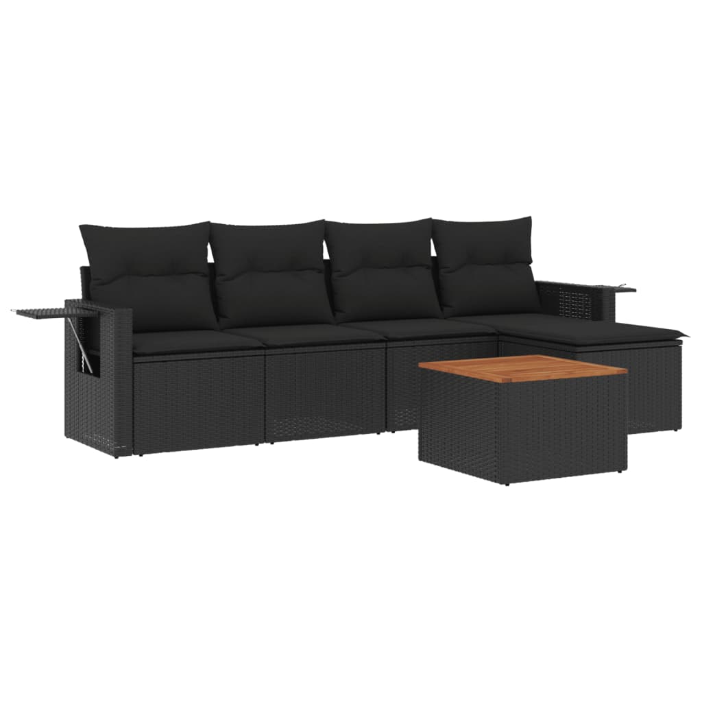 Salotto da giardino nero 6 pezzi in rattan PE, cuscini inclusi