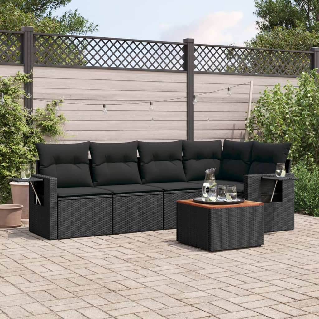 Salotto modulare nero in rattan PE, 6 pezzi con cuscini